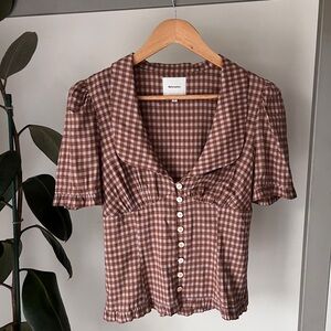 Reformation Brown and White Gingham Button-Front Puff Sleeve Top